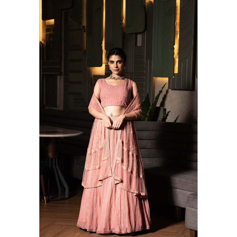 Midushi Bajoria Pink Georgette Lehenga with Hand Embroidery Blouse & Dupatta (Set of 3)