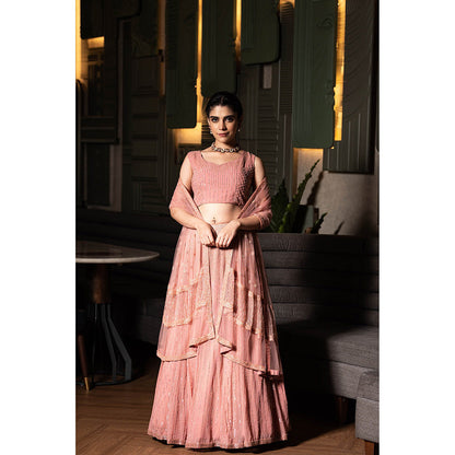Midushi Bajoria Pink Georgette Lehenga with Hand Embroidery Blouse & Dupatta (Set of 3)