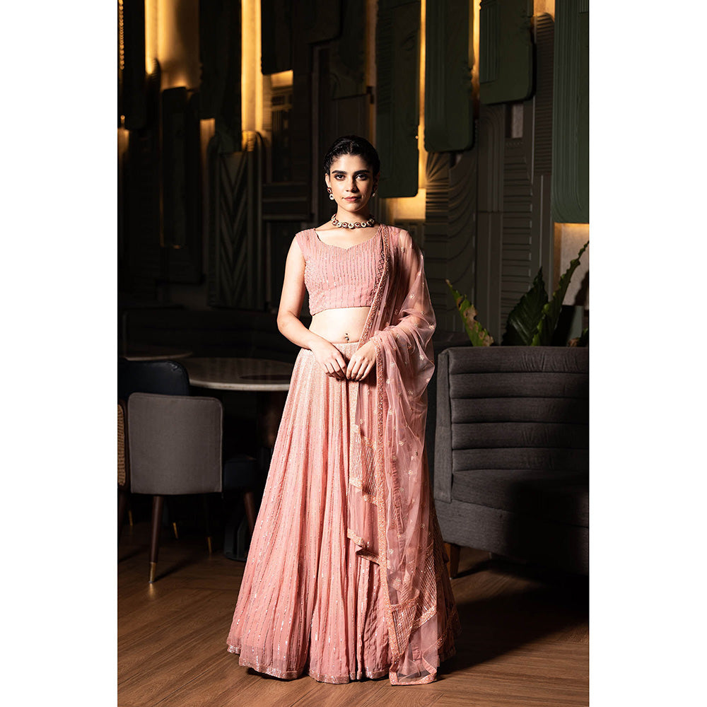 Midushi Bajoria Pink Georgette Lehenga with Hand Embroidery Blouse & Dupatta (Set of 3)