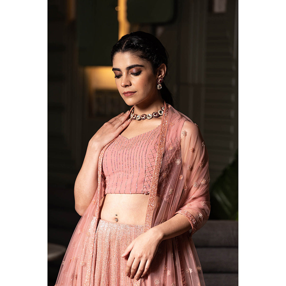 Midushi Bajoria Pink Georgette Lehenga with Hand Embroidery Blouse & Dupatta (Set of 3)