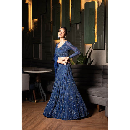 Midushi Bajoria Navy Blue Heavy Tulle Lehenga with Hand Embroidery Blouse & Dupatta (Set of 3)