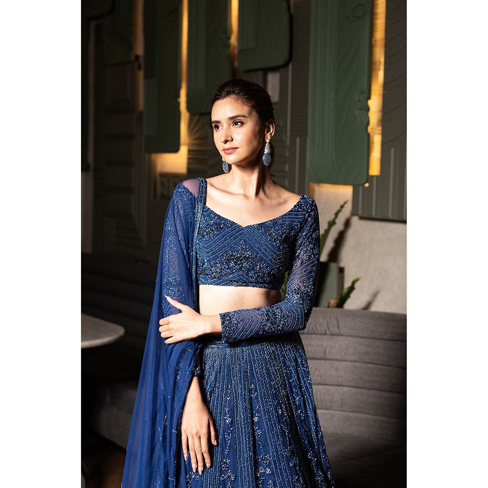 Midushi Bajoria Navy Blue Heavy Tulle Lehenga with Hand Embroidery Blouse & Dupatta (Set of 3)