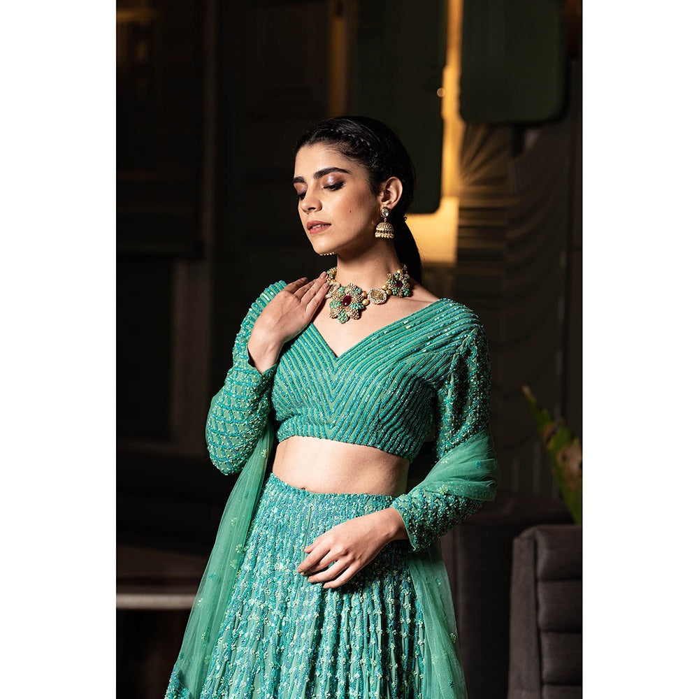 Midushi Bajoria Green Heavy Georgette Lehenga with Hand Embroidery Blouse & Dupatta (Set of 3)