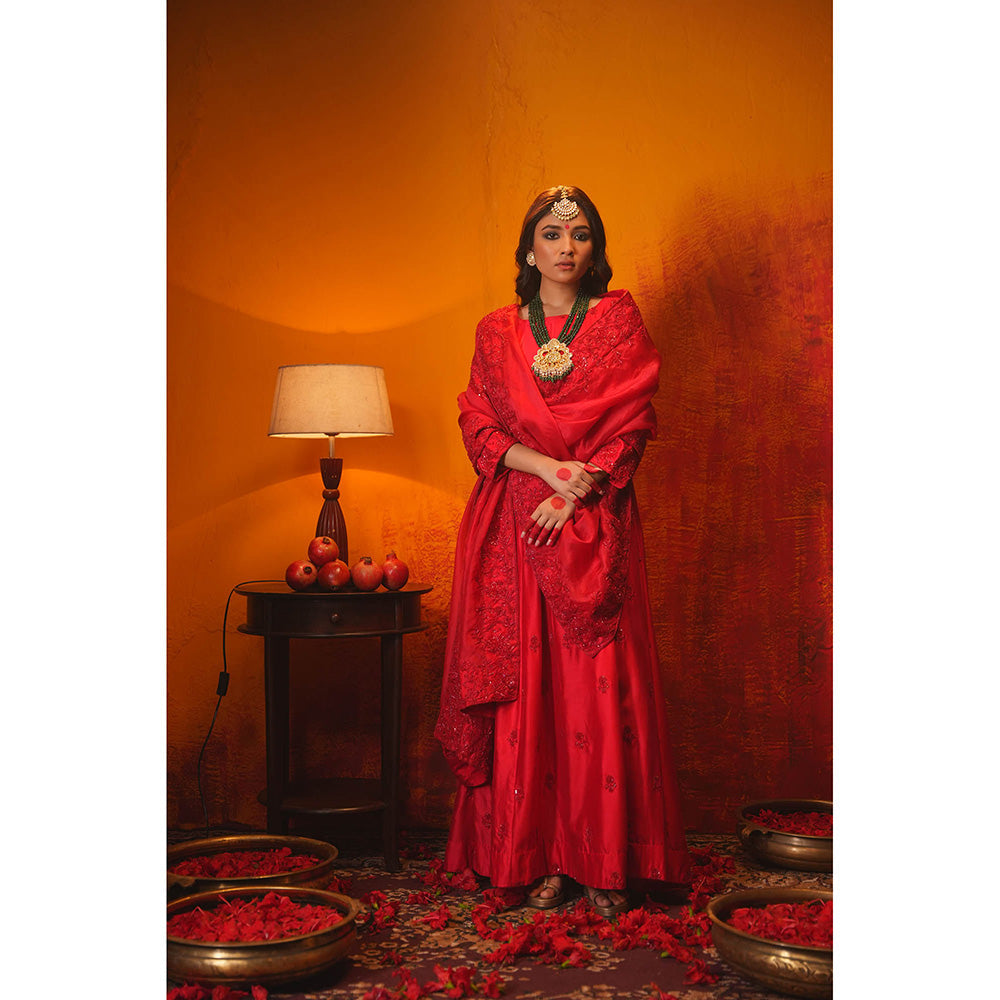 Midushi Bajoria Red Sindoori Anarkali Kurta with Pant & Dupatta (Set of 3)