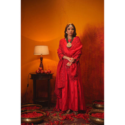 Midushi Bajoria Red Sindoori Anarkali Kurta with Pant & Dupatta (Set of 3)