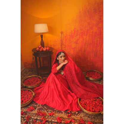 Midushi Bajoria Red Sindoori Anarkali Kurta with Pant & Dupatta (Set of 3)