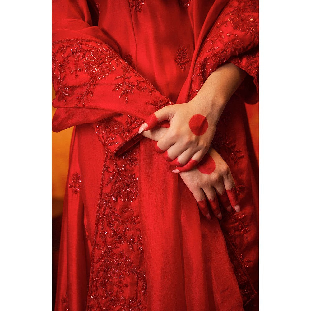 Midushi Bajoria Red Sindoori Anarkali Kurta with Pant & Dupatta (Set of 3)