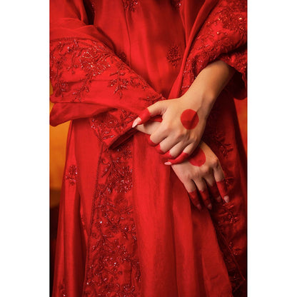 Midushi Bajoria Red Sindoori Anarkali Kurta with Pant & Dupatta (Set of 3)