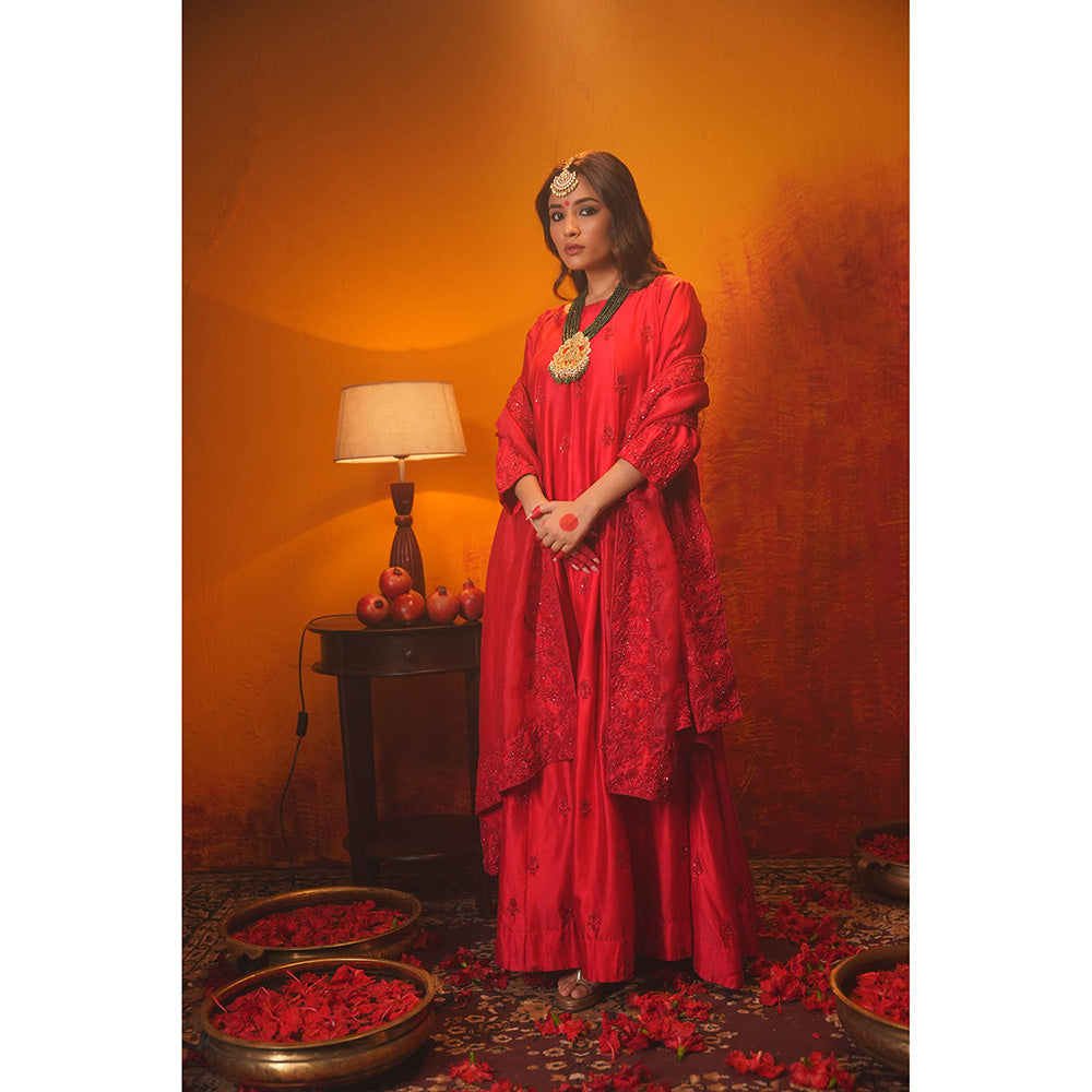 Midushi Bajoria Red Sindoori Anarkali Kurta with Pant & Dupatta (Set of 3)
