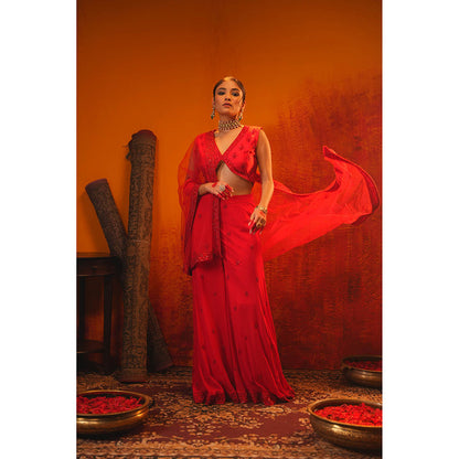 Midushi Bajoria Red Rusi Crop Top with Sharara & Dupatta (Set of 3)