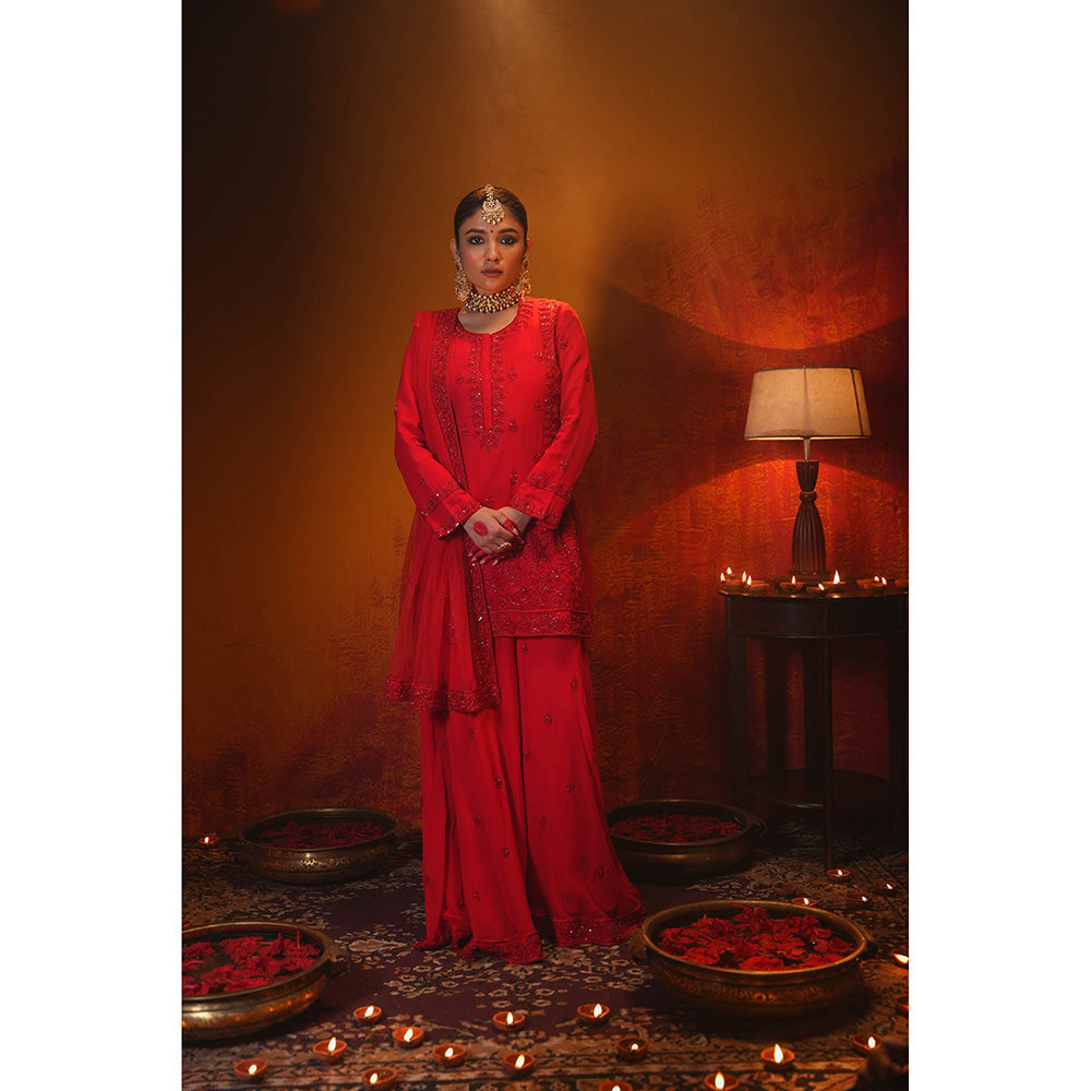 Midushi Bajoria Red Aalta Sharara with Kurti & Dupatta (Set of 3)