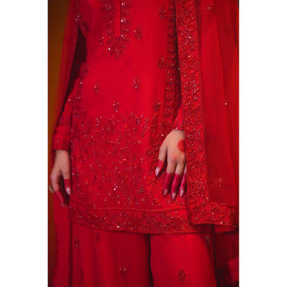 Midushi Bajoria Red Aalta Sharara with Kurti & Dupatta (Set of 3)