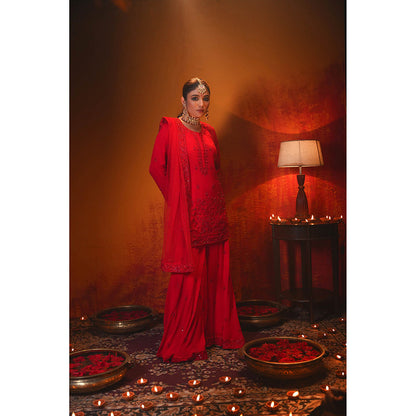 Midushi Bajoria Red Aalta Sharara with Kurti & Dupatta (Set of 3)