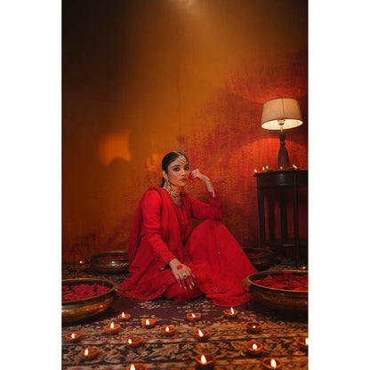 Midushi Bajoria Red Aalta Sharara with Kurti & Dupatta (Set of 3)