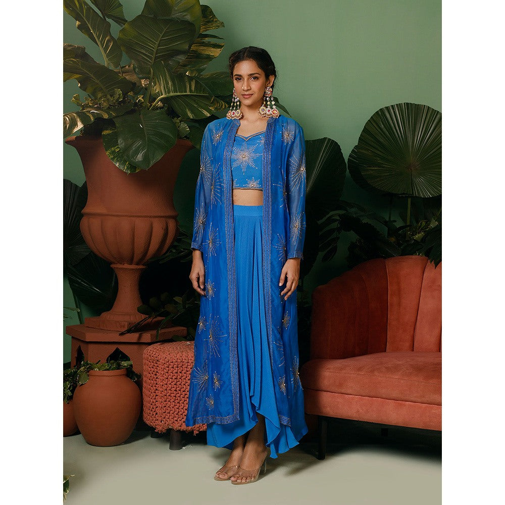 Midushi Bajoria Blue Jacket In Organza with Crepe Blouse & Drape Skirt (Set of 3)
