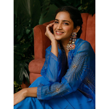 Midushi Bajoria Blue Jacket In Organza with Crepe Blouse & Drape Skirt (Set of 3)
