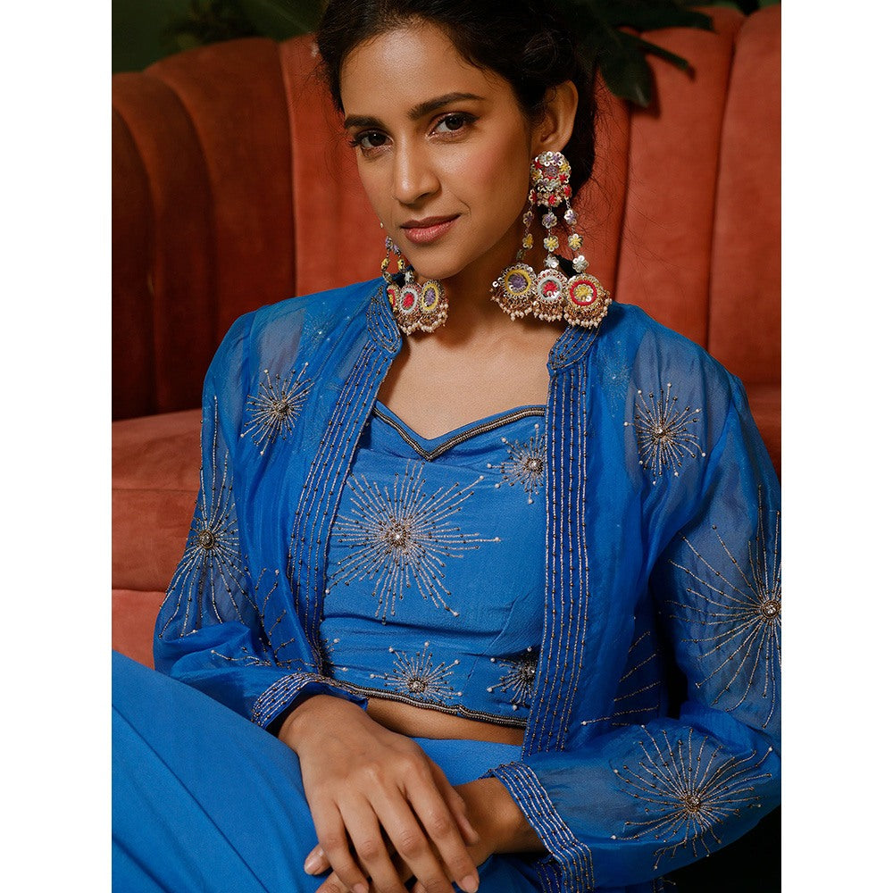 Midushi Bajoria Blue Jacket In Organza with Crepe Blouse & Drape Skirt (Set of 3)