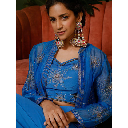 Midushi Bajoria Blue Jacket In Organza with Crepe Blouse & Drape Skirt (Set of 3)