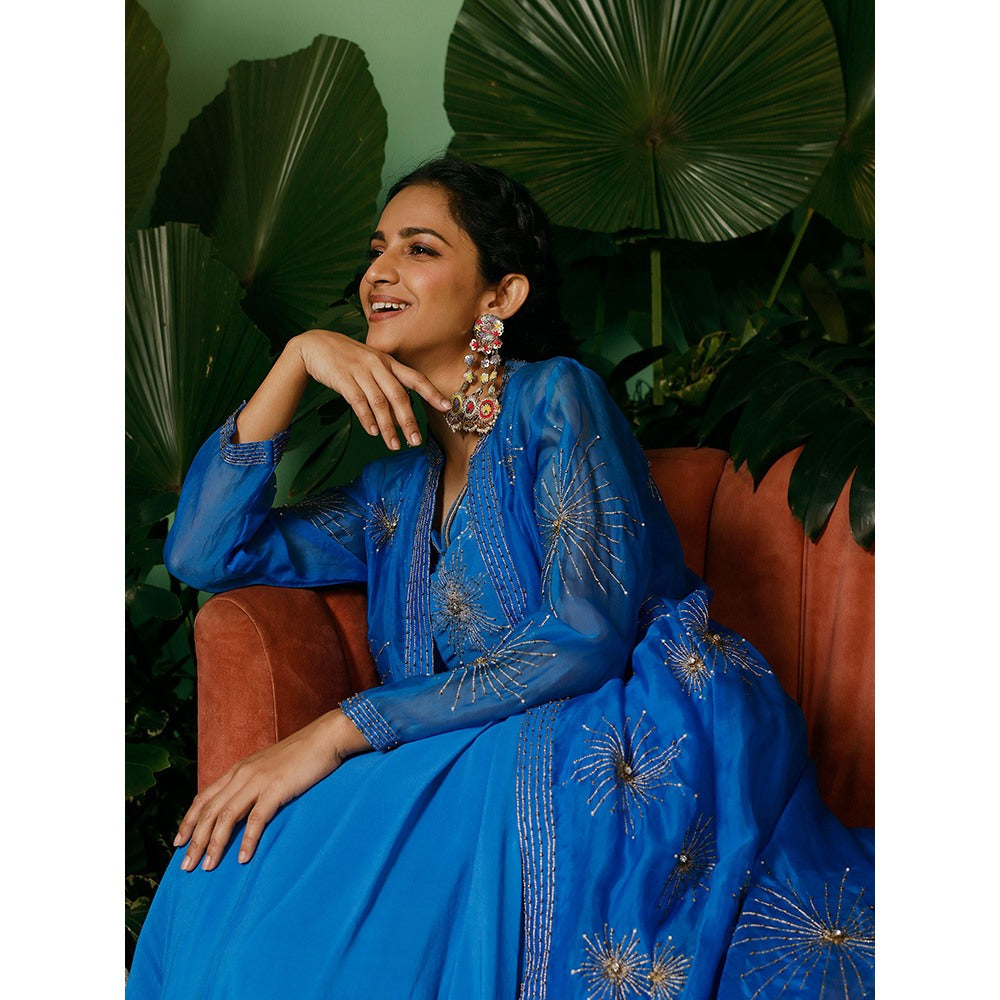 Midushi Bajoria Blue Jacket In Organza with Crepe Blouse & Drape Skirt (Set of 3)