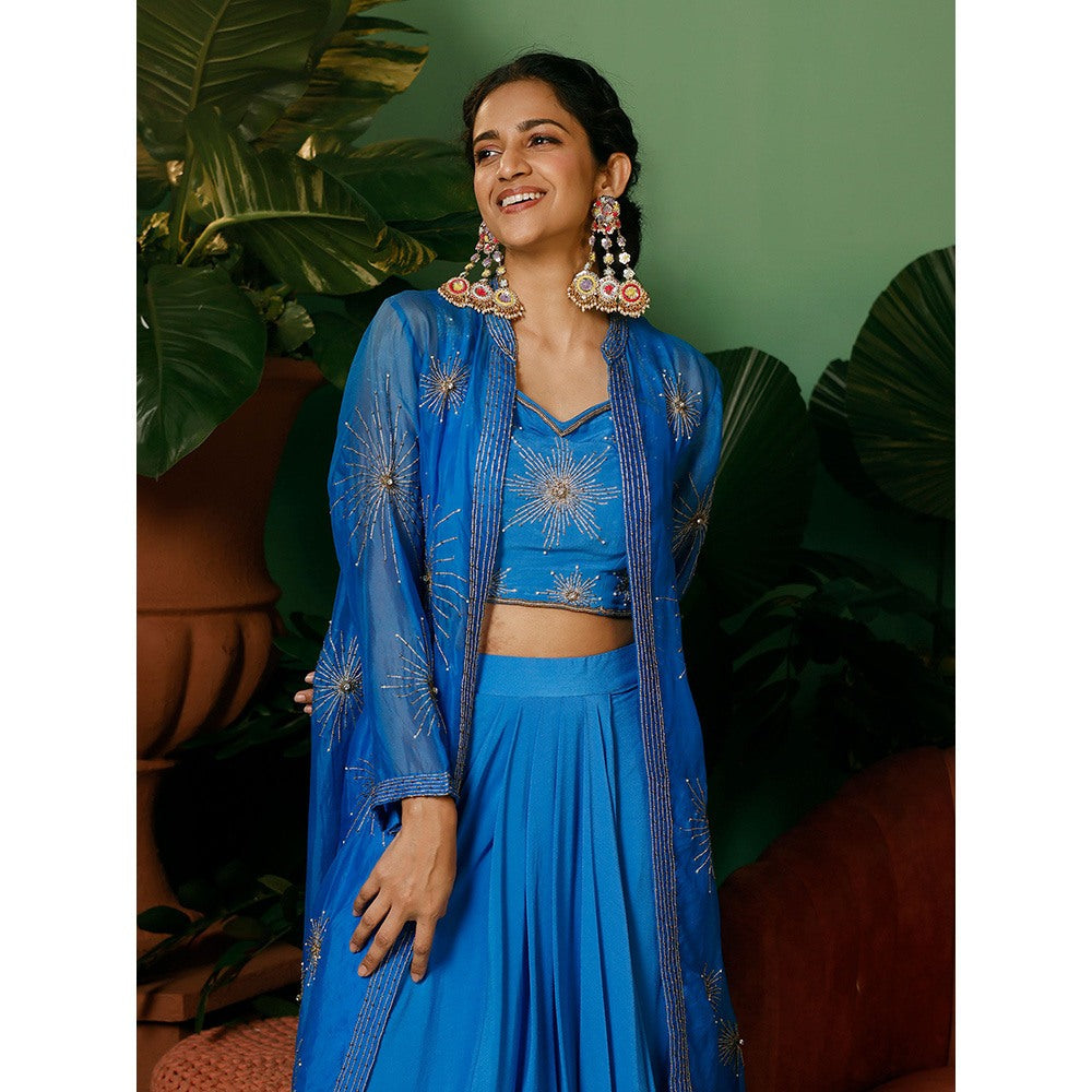 Midushi Bajoria Blue Jacket In Organza with Crepe Blouse & Drape Skirt (Set of 3)
