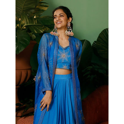 Midushi Bajoria Blue Jacket In Organza with Crepe Blouse & Drape Skirt (Set of 3)