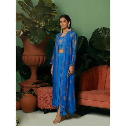 Midushi Bajoria Blue Jacket In Organza with Crepe Blouse & Drape Skirt (Set of 3)