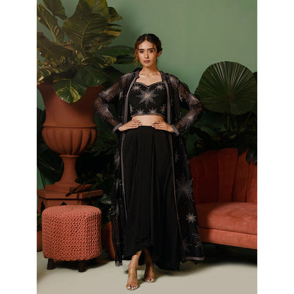 Midushi Bajoria Black Jacket In Organza with Crepe Blouse & Drape Skirt (Set of 3)