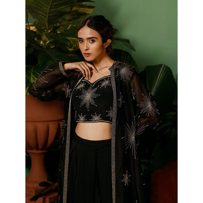 Midushi Bajoria Black Jacket In Organza with Crepe Blouse & Drape Skirt (Set of 3)
