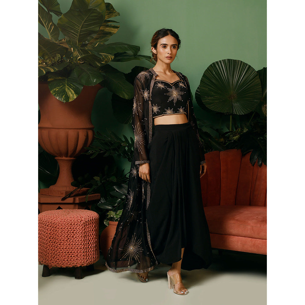 Midushi Bajoria Black Jacket In Organza with Crepe Blouse & Drape Skirt (Set of 3)