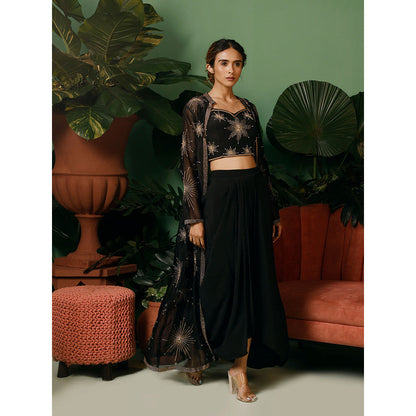 Midushi Bajoria Black Jacket In Organza with Crepe Blouse & Drape Skirt (Set of 3)