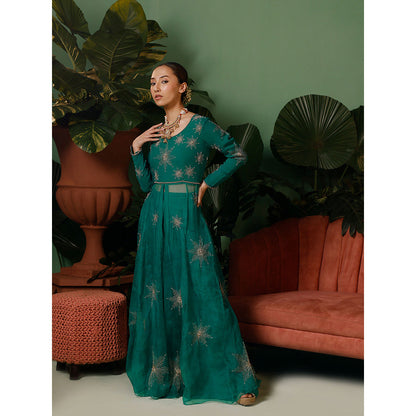Midushi Bajoria Green Kalidaar Kurta with Palazzo In Georgette Kalis In Organza (Set of 2)