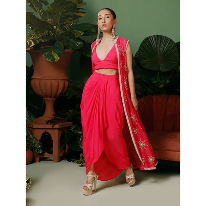 Midushi Bajoria Jacket In Organza with Crepe Blouse & Drape Skirt (Set of 3)