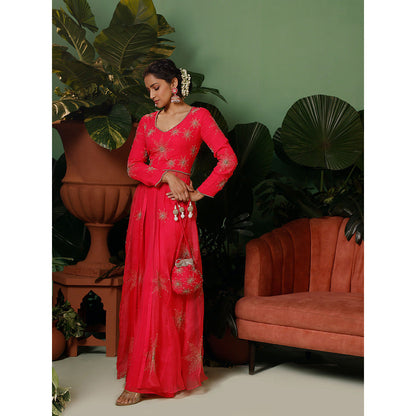 Midushi Bajoria Pink Kalidaar Kurta with Palazzo In Georgette Kalis In Organza (Set of 2)