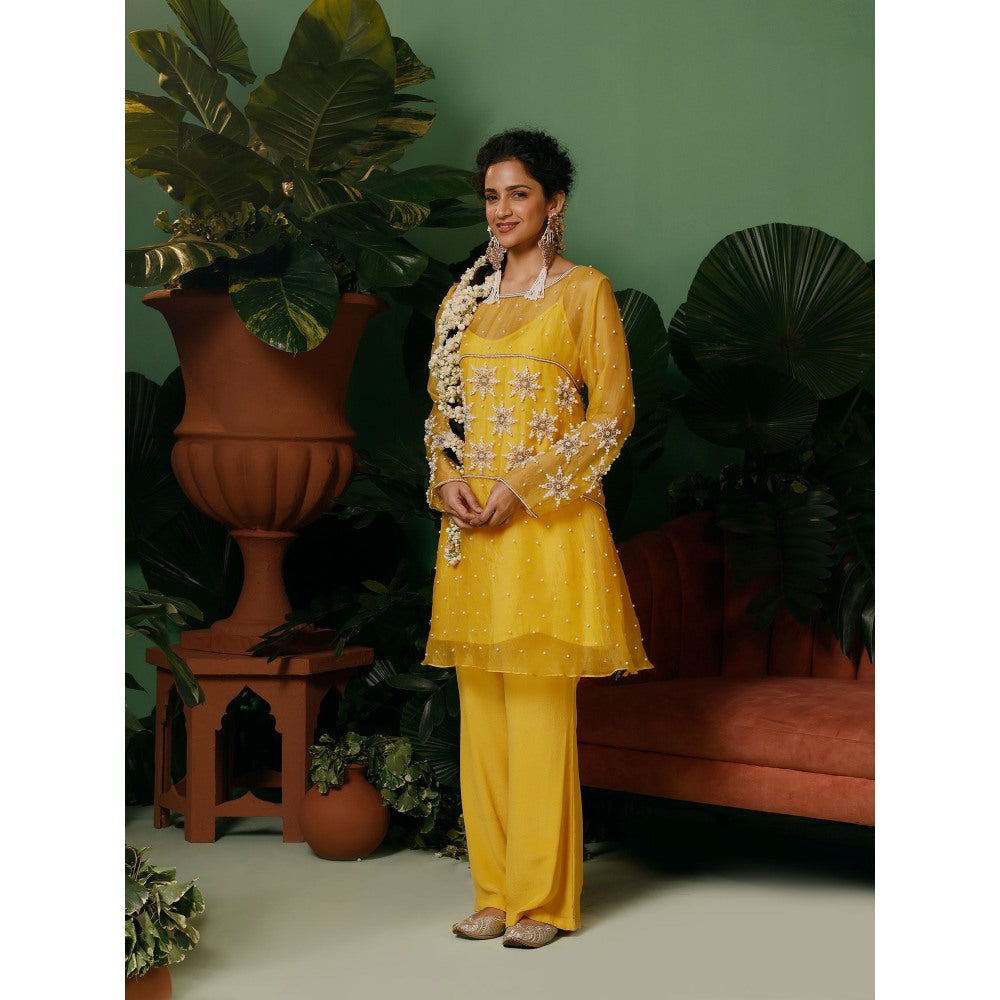 Midushi Bajoria Organza Top with Hand Pearl Embroidery Crepe Pant & Shantoon Slip (Set of 3)