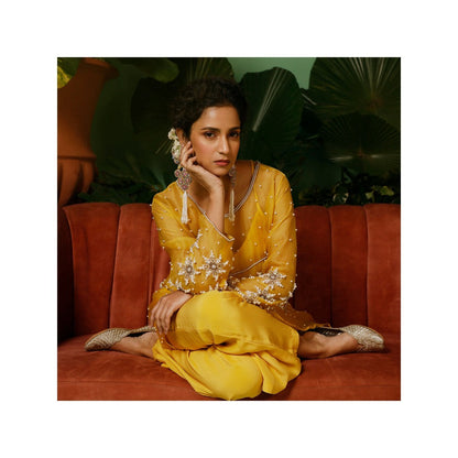 Midushi Bajoria Organza Top with Hand Pearl Embroidery Crepe Pant & Shantoon Slip (Set of 3)