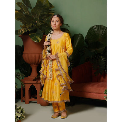 Midushi Bajoria Silk Chanderi Anarkali Kurta with Pant & Organza Ruffle Dupatta (Set of 3)