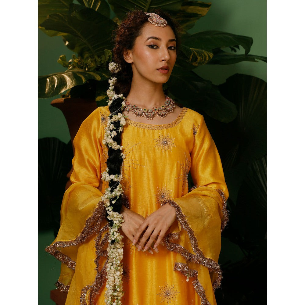 Midushi Bajoria Silk Chanderi Anarkali Kurta with Pant & Organza Ruffle Dupatta (Set of 3)