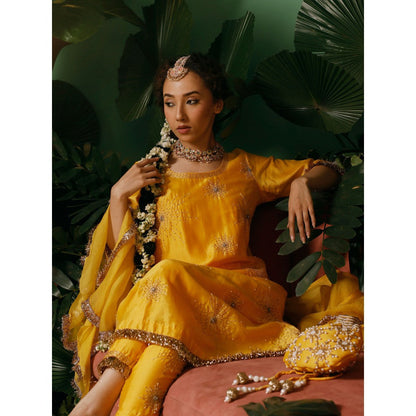 Midushi Bajoria Silk Chanderi Anarkali Kurta with Pant & Organza Ruffle Dupatta (Set of 3)