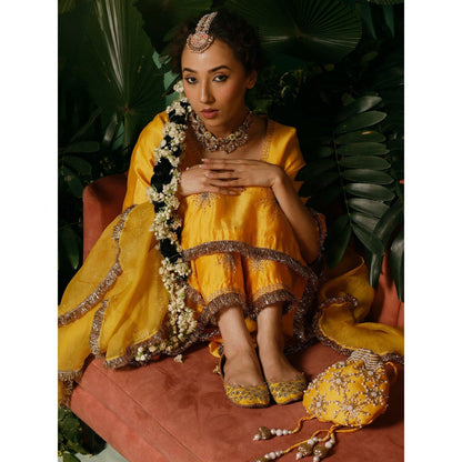 Midushi Bajoria Silk Chanderi Anarkali Kurta with Pant & Organza Ruffle Dupatta (Set of 3)