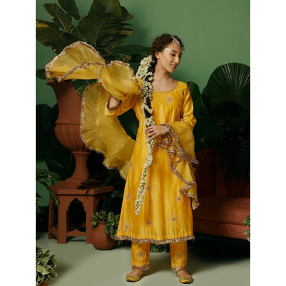 Midushi Bajoria Silk Chanderi Anarkali Kurta with Pant & Organza Ruffle Dupatta (Set of 3)