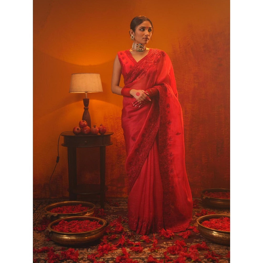 Midushi Bajoria Red Surkh Saree with Stitched Blouse