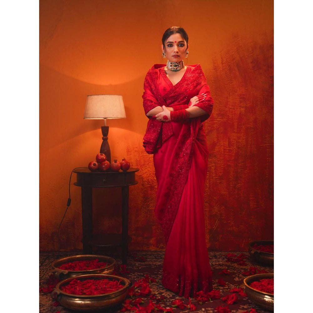 Midushi Bajoria Red Surkh Saree with Stitched Blouse