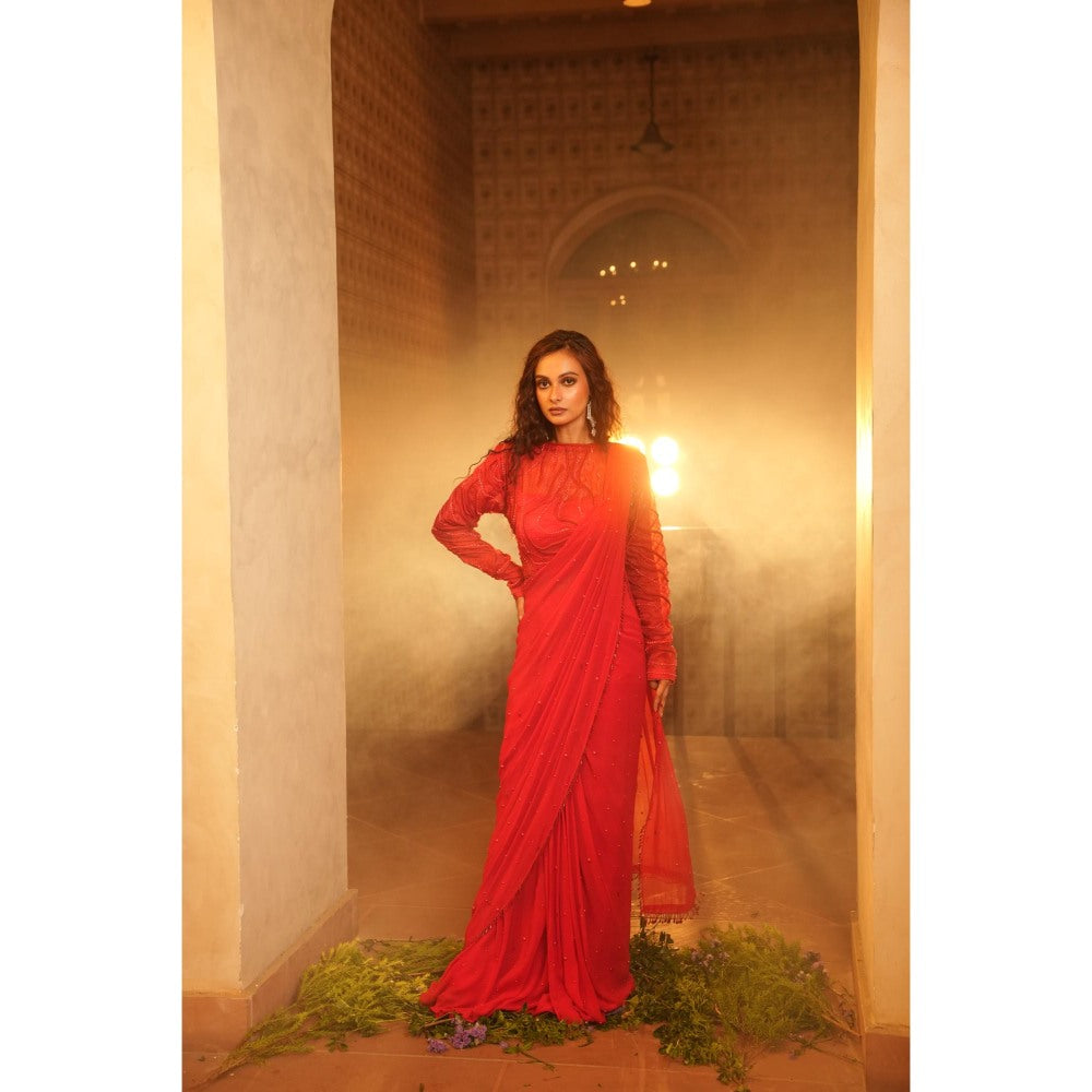 Midushi Bajoria Tt Red Drape Saree with Stitched Blouse