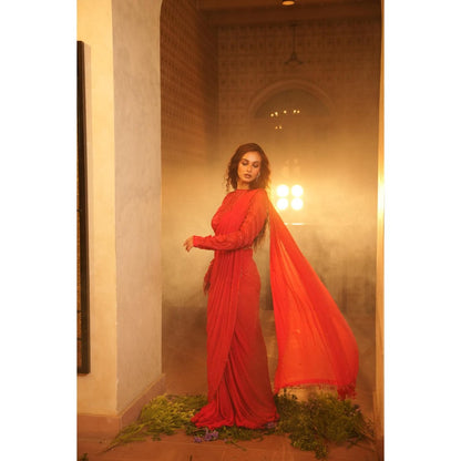 Midushi Bajoria Tt Red Drape Saree with Stitched Blouse