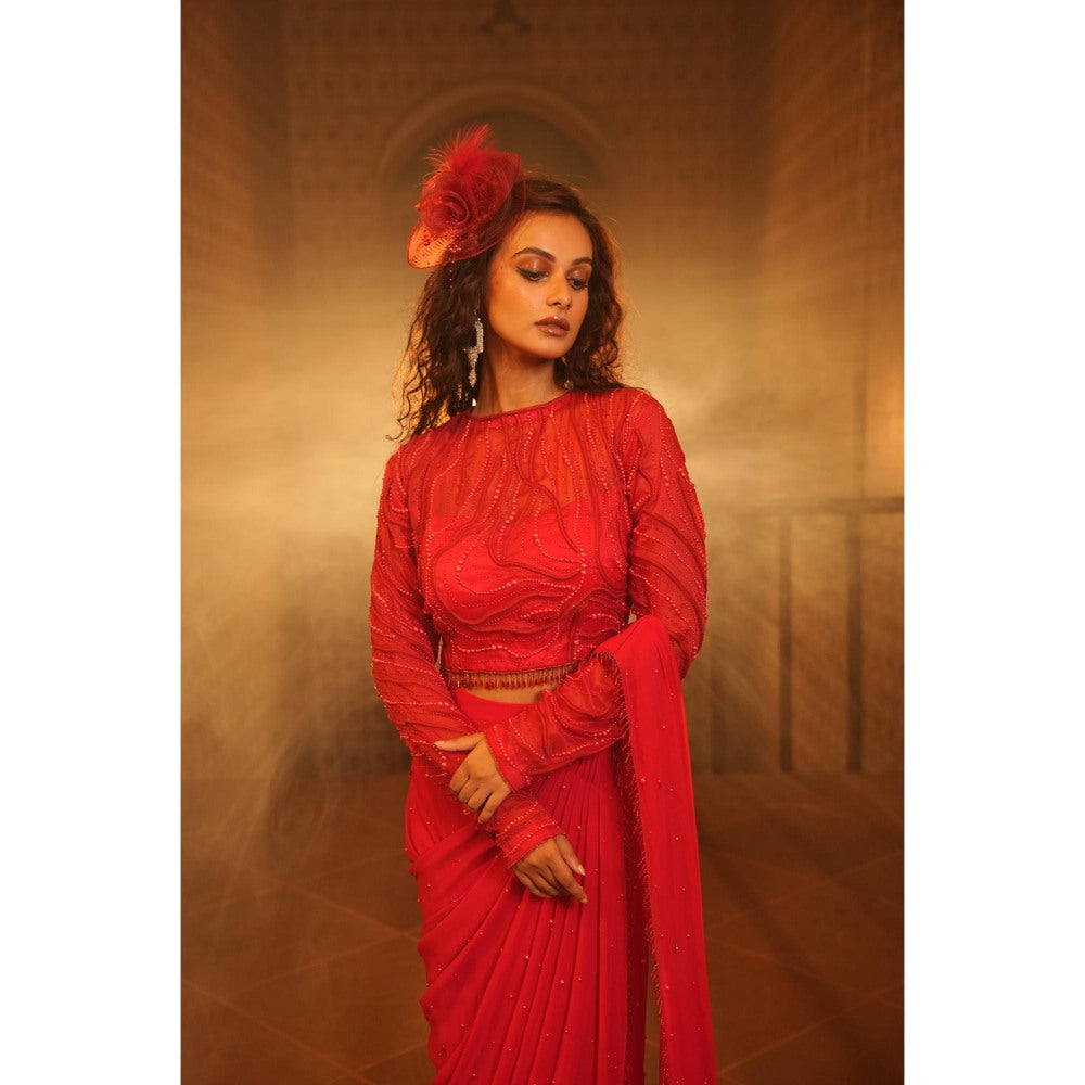 Midushi Bajoria Tt Red Drape Saree with Stitched Blouse