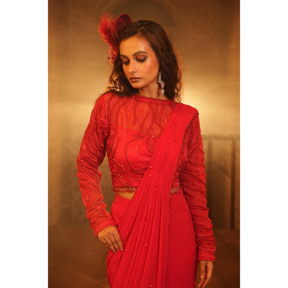 Midushi Bajoria Tt Red Drape Saree with Stitched Blouse