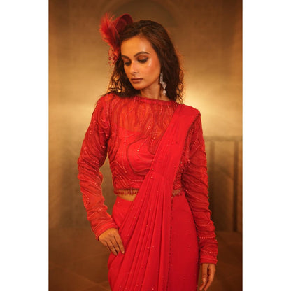 Midushi Bajoria Tt Red Drape Saree with Stitched Blouse
