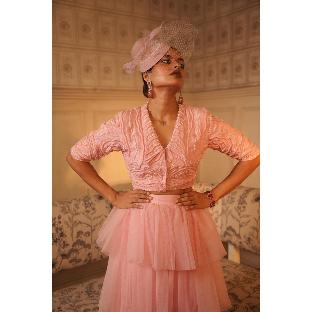 Midushi Bajoria Pink Tt Lapel Collar Crop Top with Frill Skirt (Set of 2)