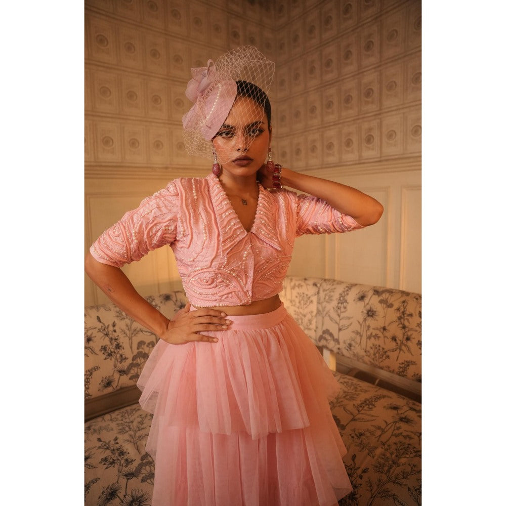 Midushi Bajoria Pink Tt Lapel Collar Crop Top with Frill Skirt (Set of 2)