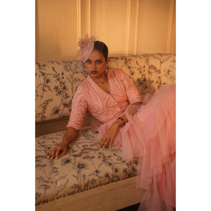 Midushi Bajoria Pink Tt Lapel Collar Crop Top with Frill Skirt (Set of 2)